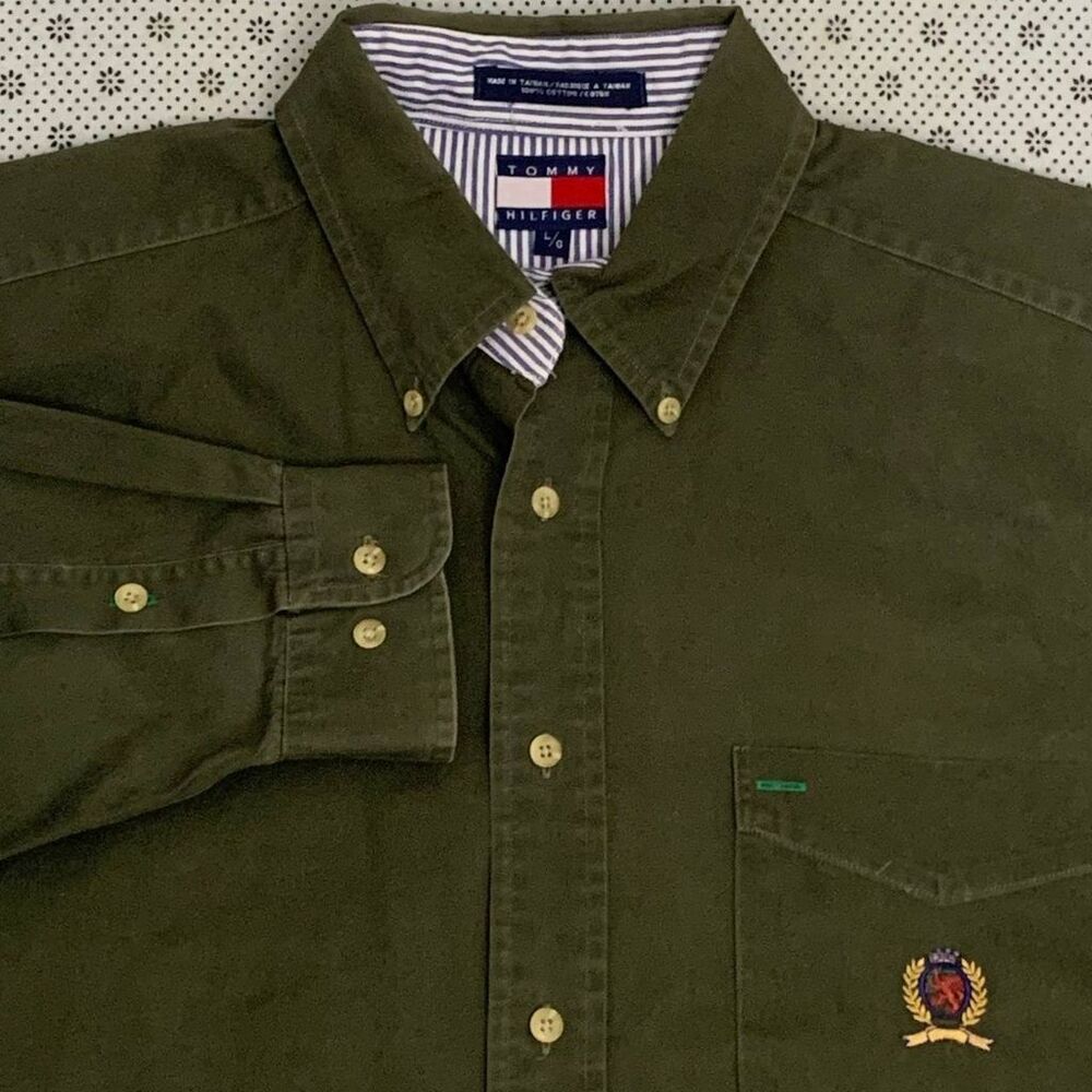 Tommy Hilfiger Mens L Olive Green Button Down Shirt 100% Cotton Crest Logo